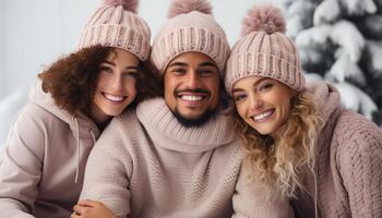 ai generiert lächelnd Frauen Umarmung Glück, Liebe, und Zusammengehörigkeit im Winter generiert durch ai foto