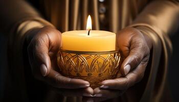ai generiert Hand halten Kerze, Flamme Verbrennung, Symbol von Spiritualität und Liebe generiert durch ai foto