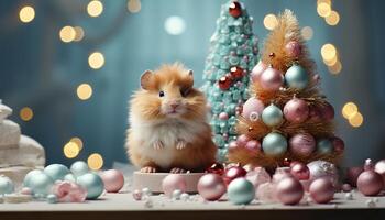 ai generiert süß Tier feiern mit klein Geschenk, Sitzung in der Nähe von dekoriert Baum generiert durch ai foto