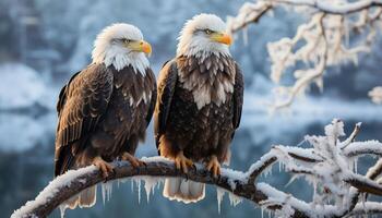 ai generiert kahl Adler sich niederlassen auf Zweig, majestätisch Jäger im Winter generiert durch ai foto