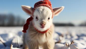 ai generiert ein süß Hündchen und ein flauschige Hase abspielen im das Schnee generiert durch ai foto