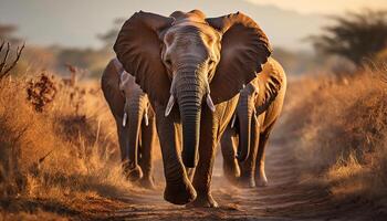 ai generiert Elefant Herde Gehen im afrikanisch Savanne beim Sonnenuntergang generiert durch ai foto