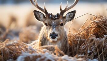 ai generiert süß Hirsch im Winter Wald, suchen beim Kamera, Pelz glühend generiert durch ai foto