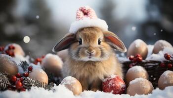 ai generiert süß Hase feiert Winter mit flauschige Schneeflocke Dekoration generiert durch ai foto