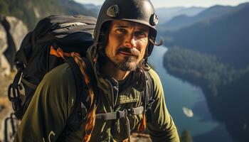 ai generiert einer Person Wandern im das Berge, genießen Natur Freiheit generiert durch ai foto