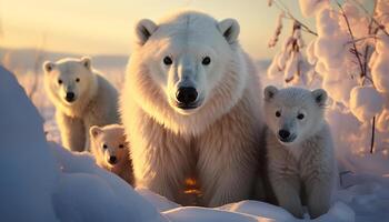 ai generiert drei süß flauschige Jungen spielen im das schneebedeckt Arktis generiert durch ai foto