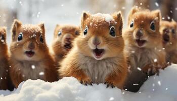 ai generiert süß Hündchen und Kätzchen spielen im schneebedeckt Natur generiert durch ai foto
