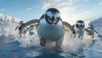 ai generiert süß Pinguin planschen im eisig Wasser, suchen beim Kamera generiert durch ai foto