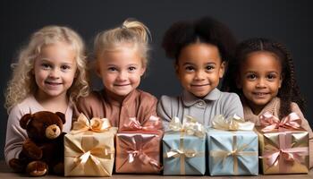 ai generiert Gruppe von Kinder lächelnd, halten Geschenke, feiern Geburtstag freudig generiert durch ai foto