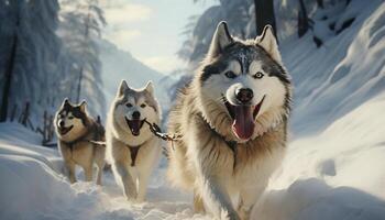 ai generiert Laufen Schlitten Hunde im das Winter, ein reinrassig malamute führt das Pack generiert durch ai foto