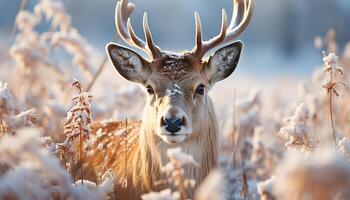 ai generiert süß Hirsch Weiden lassen im schneebedeckt Wiese, suchen beim Kamera generiert durch ai foto