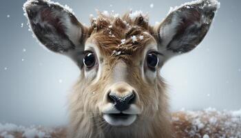 ai generiert süß Hirsch im Schnee, suchen beim Kamera, umgeben durch Natur generiert durch ai foto