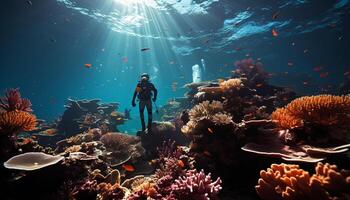 ai generiert unter Wasser Abenteuer Fisch schwimmen unter, Koralle Riff im Bewegung generiert durch ai foto