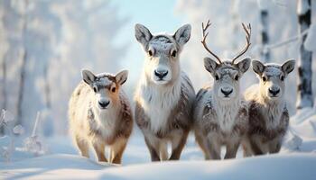 ai generiert süß jung Ziege suchen beim Kamera im schneebedeckt Wiese generiert durch ai foto