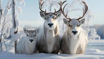 ai generiert süß Hirsch im schneebedeckt Wald, suchen beim Kamera mit Ruhe generiert durch ai foto