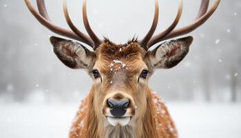 ai generiert süß Hirsch im Winter Wald, schneit, suchen beim Kamera generiert durch ai foto