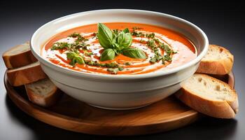 ai generiert frisch Gemüse Suppe mit hausgemacht brot, ein gesund Gourmet Mahlzeit generiert durch ai foto