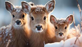 ai generiert süß jung Hirsch suchen beim Kamera im schneebedeckt Wiese generiert durch ai foto