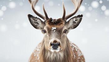 ai generiert süß Hirsch im Winter Wald, suchen beim Kamera, schneit generiert durch ai foto