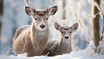 ai generiert süß Hirsch im Winter Wald, suchen beim Kamera mit Pelz generiert durch ai foto