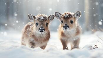 ai generiert süß Hündchen und Kätzchen abspielen im schneebedeckt Winter Wald generiert durch ai foto