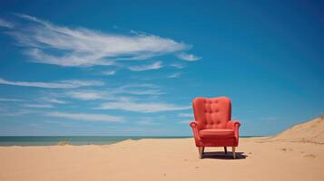 ai generiert einsam rot Stuhl auf sandig Strand unter klar Blau Himmel, still Gelassenheit. ai generiert foto