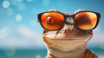 ai generiert Erfahrung das Intensität von ein Gecko springen auf zu das Strand im ein atemberaubend Nahansicht Foto, ai generiert. foto