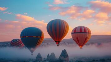 ai generiert heiß Luft Luftballons aufsteigen, ein bunt Schauspiel gegen das Dämmerung, ai generiert. foto