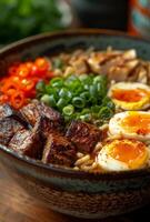 ai generiert Schüssel von Ramen mit Schweinefleisch Ei Grün Zwiebeln und Grün Pfeffer foto