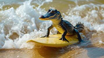 ai generiert ein süß Alligator Surfer genießt ein voller Spaß Sommer- Tag beim das Strand, Reiten Wellen mit Begeisterung, ai generiert. foto