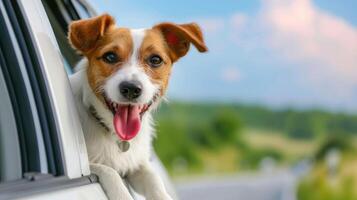 ai generiert ein froh Hund mit es ist Kopf aus von das Auto Fenster, aalen im das berauschend Freiheit und Aufregung von das Fahrt, ai generiert. foto