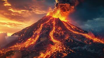 ai generiert vulkanisch Eruption entfesselt Asche fließen und geschmolzen Lava, ein feurig Macht von Natur, ai generiert. foto