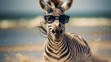 ai generiert Erfahrung das Intensität von ein Zebra springen auf zu das Strand im ein atemberaubend Nahansicht Foto, ai generiert. foto