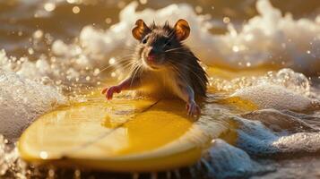 ai generiert ein süß Ratte Surfer genießt ein voller Spaß Sommer- Tag beim das Strand, Reiten Wellen mit Begeisterung, ai generiert. foto