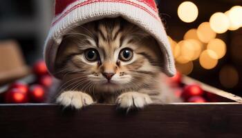 ai generiert süß Kätzchen Sitzung, starren beim Kamera, beleuchtet durch Weihnachten Beleuchtung generiert durch ai foto