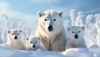 ai generiert drei süß Bär Jungen spielen im das schneebedeckt Arktis generiert durch ai foto