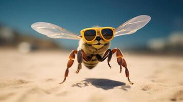 ai generiert Erfahrung das Intensität von ein Biene springen auf zu das Strand im ein atemberaubend Nahansicht Foto, ai generiert. foto