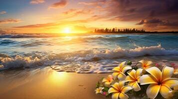 ai generiert ein golden Sonnenuntergang badet Ozean Wellen und Schaum, geschmückt mit tropisch Frangipani Blumen auf ein sandig Strand, ai generiert. foto