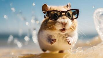 ai generiert Erfahrung das Intensität von ein Hamster springen auf zu das Strand im ein atemberaubend Nahansicht Foto, ai generiert. foto