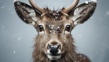 ai generiert süß Hirsch im Winter Schnee, suchen beim Kamera, draußen generiert durch ai foto