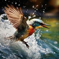 ai generiert klein Vogel Tauchgänge in Blau Grün Wasser, jagen ein Fisch mit ein Spritzen, ai generiert. foto