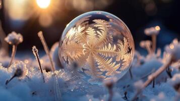 ai generiert fesselnd Schönheit von ein gefroren Blase enthüllt kompliziert natürlich Fraktale, faszinierend und empfindlich, ai generiert. foto