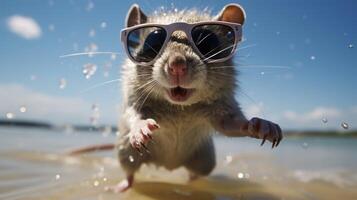 ai generiert spielerisch Ratte Betrüger auf zu das Strand, Hinzufügen ein Strich von unerwartet Charme mit winzig Sonnenbrille, ai generiert. foto