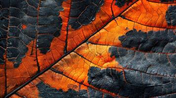 ai generiert Nahansicht von ein Herbst Blatt kompliziert Textur, präsentieren beschwingt Farbtöne. ai generiert foto