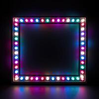 ai generiert beschwingt Rahmen von mehrfarbig LED Glühbirnen gegen ein glatt schwarz Hintergrund, leuchten Kreativität. ai generiert. foto