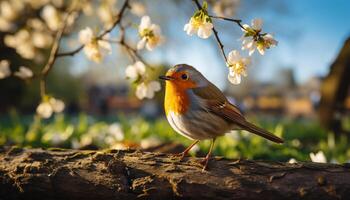 ai generiert ein süß Vogel sich niederlassen auf ein Zweig, Singen im Frühling generiert durch ai foto