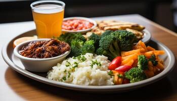 ai generiert Frische auf Teller gegrillt Fleisch, gesund Gemüse, hausgemacht Gourmet generiert durch ai foto