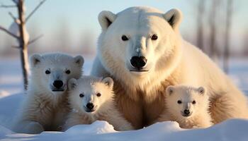 ai generiert drei spielerisch Tier Jungen Sitzung im das schneebedeckt Arktis generiert durch ai foto