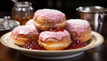 ai generiert frisch gebacken Krapfen mit Schokolade Glasur auf hölzern Tabelle generiert durch ai foto