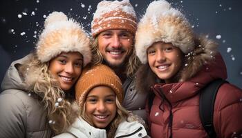ai generiert lächelnd Winter, heiter Schnee, Glück draußen kaukasisch Frauen, Männer, Erwachsene, Natur Spaß generiert durch ai foto